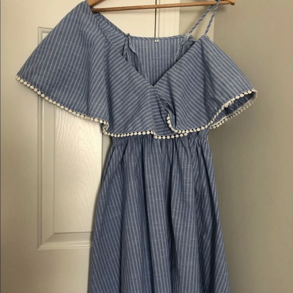 Womens Striped Ruffle Lace Dress Blue White Size S